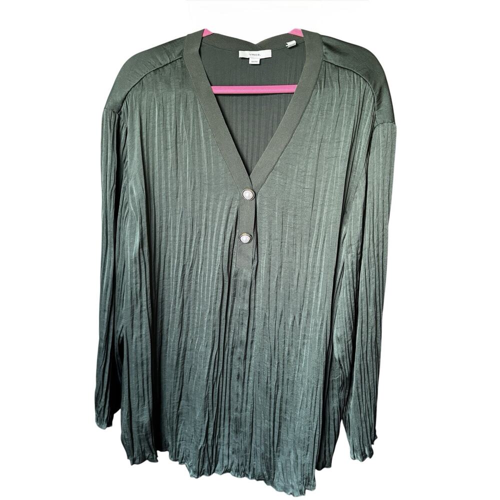 Vince Womens Blouse 3X Plus Crinkle Satiny Lightweight Green Elegant Glam Office